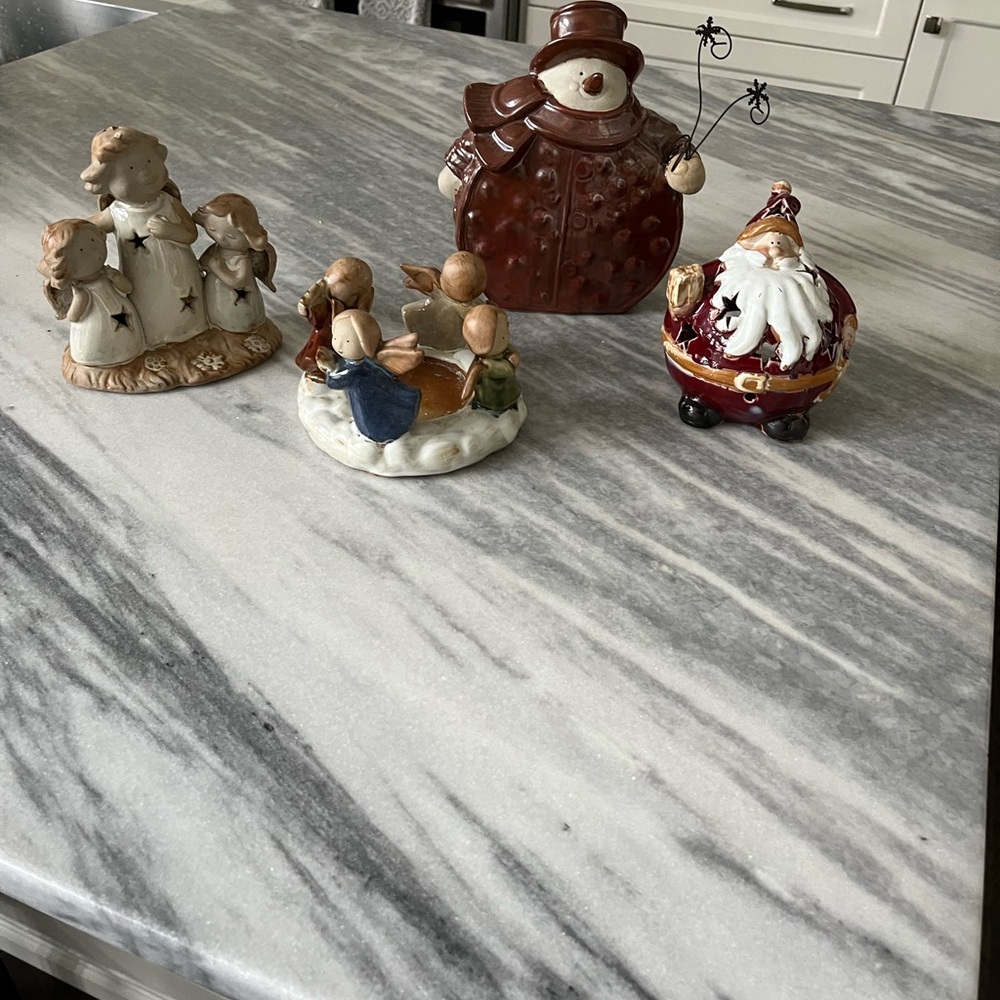 Vintage glazed pottery Christmas candle holders and decor 4 piece lit